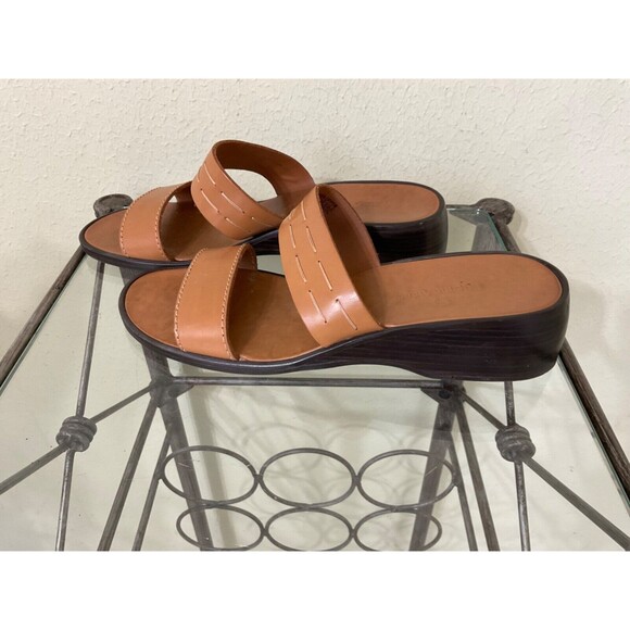 Etienne Aigner Leather Sandals women’s size 8.5 Tan Wedge Heel Slides - Picture 4 of 11